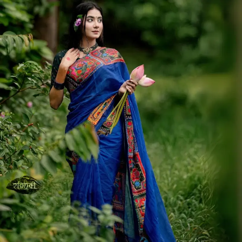 Blue Rickshaw Print Half Silk Saree